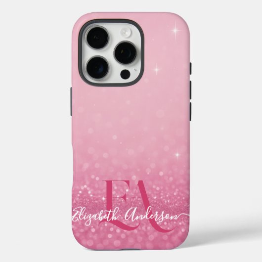 Roze Glitter iPhone Case met Initialen & Naam (Achterkant)