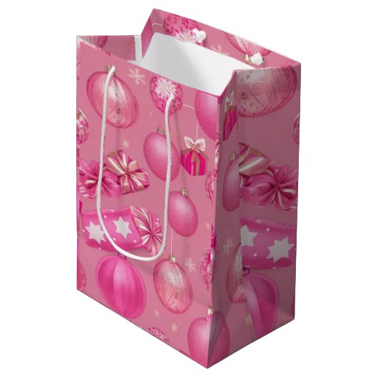 Roze Glitter Kerstbal Medium Cadeauzakje (Voorkant Gekanteld)