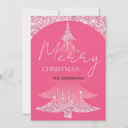 Roze glitter kerstboom feestdagenkaart (Voorkant)