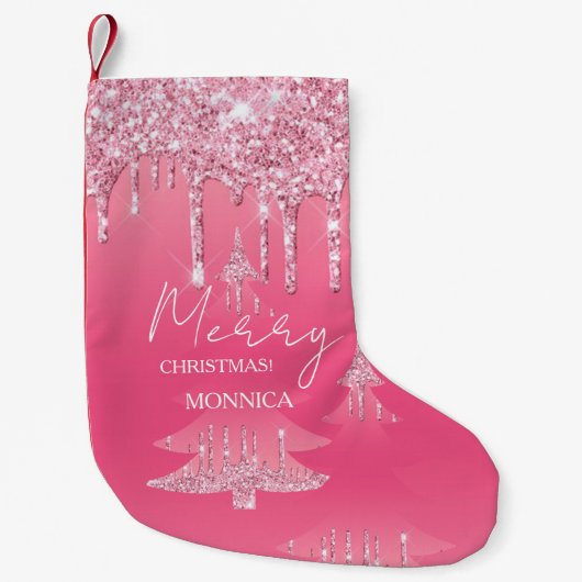 Roze glitter kerstboom kleine kerstsok (Voorkant)
