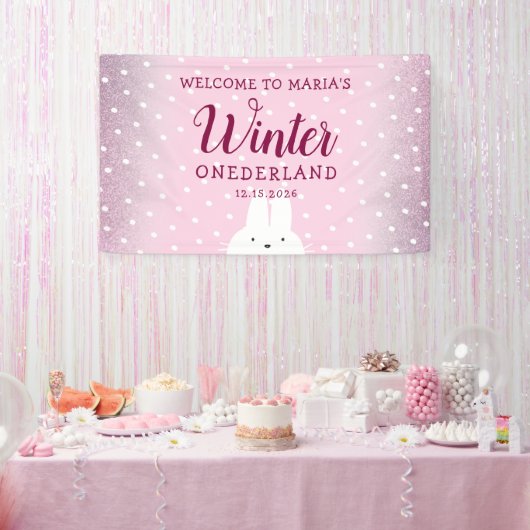 Roze Glitter Konijn Winter Eénderland Spandoek (Feest)