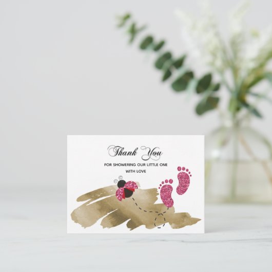 Roze Glitter Ladybug Bedankt Notitiekaartje (Staand voorkant)