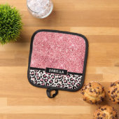 Roze Glitter Leopard Print Shimmer Aangepast Pannenlap (Top down)