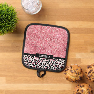 Roze Glitter Leopard Print Shimmer Aangepast Pannenlap