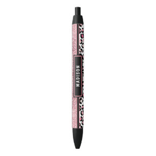 Roze Glitter Leopard Print Shimmer Aangepaste naam Zwarte Inkt Pen