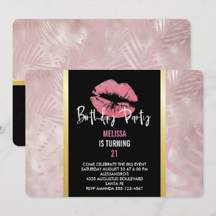Roze Glitter Lippen & Roze Goud Tropische Bladeren Kaart
