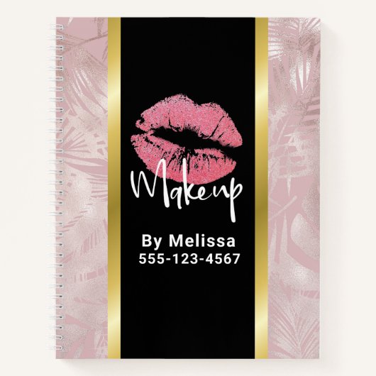 Roze Glitter Lippen & Roze Gouden Bladeren Make-up Notitieboek (Voorkant)