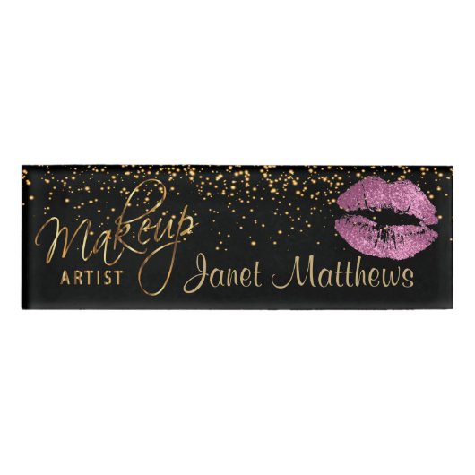 Roze glitter Lips en legant Gold Naambadge (Voorkant)