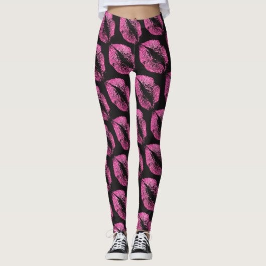 Roze glitter Lips Modern Black Leggings (Voorkant)