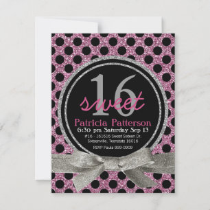 Roze Glitter look Polka Dot Sweet 16 Kaart