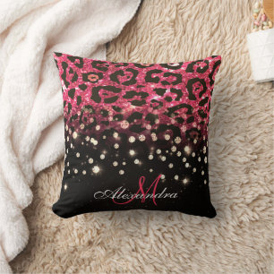 Roze Glitter Luipaard Print en Diamanten Kussen