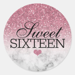Roze Glitter/Marmer Sweet 16 Ronde Sticker