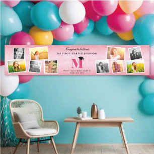 Roze Glitter Monogram 10 Foto Collage Afstudeerfee Spandoek
