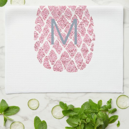 roze glitter monogram ananas theedoek (Gevouwen)