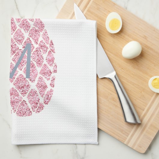 roze glitter monogram ananas theedoek (Quarter Fold)
