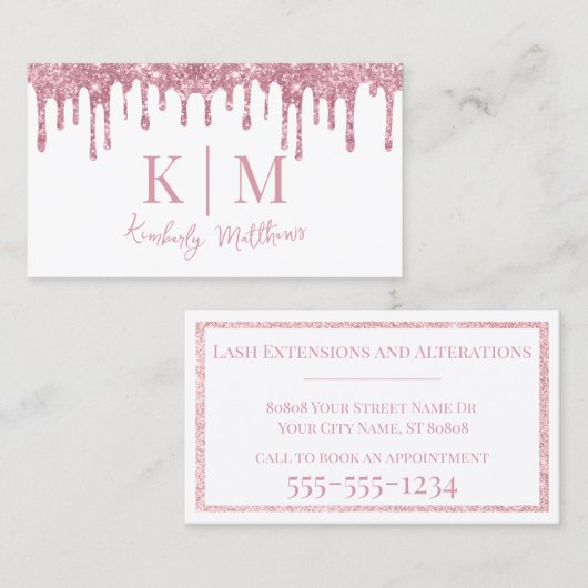 Roze Glitter Monogram Initialen op Wit Visitekaartje (Voorkant / Achterkant)
