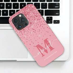 Roze Glitter Monogram Stijlvolle Script Naam iPhone 13 Pro Hoesje