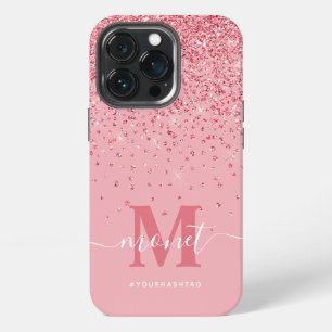 Roze Glitter Monogram Stijlvolle Script Naam iPhone 13 Pro Hoesje