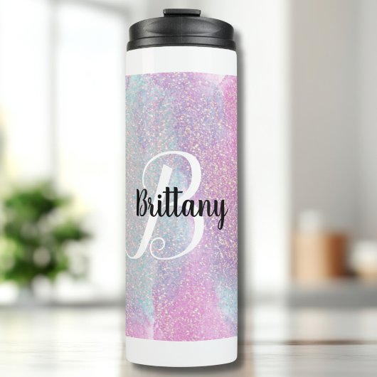Roze Glitter Monogrammed Thermosbeker