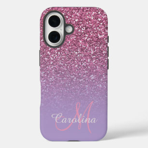 Roze glitter, naam en monogram, Girly iPhone 16 Hoesje