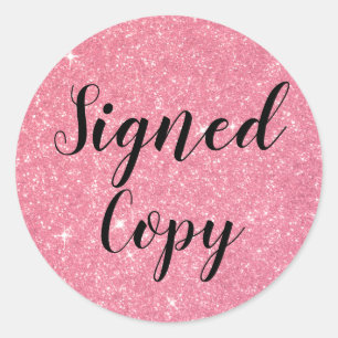 Roze Glitter Ondertekend Exemplaar Schrijver Ronde Sticker