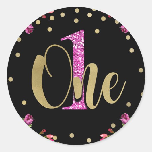 Roze Glitter ONE Black Floral 1st Birthday Party Ronde Sticker (Voorkant)