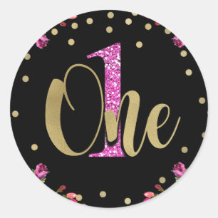 Roze Glitter ONE Black Floral 1st Birthday Party Ronde Sticker