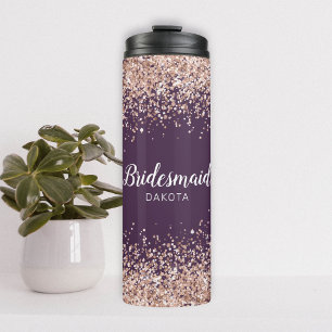 Roze glitter op Paarse Bridesmaid naam Thermosbeker