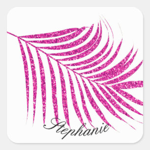 Roze Glitter Palmblad Met Aangepaste Naam Cute Coo Vierkante Sticker