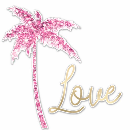 Roze Glitter Palmboom Gouden Liefde Sticker (Voorkant)
