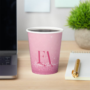 Roze Glitter Papieren Bekertje met Naam & Initiale Bekers