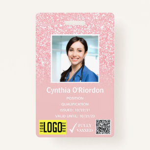 Roze Glitter Personeel Foto ID QR Barcode Badge