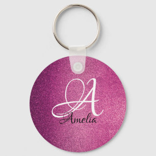 Roze Glitter Persoonlijke naam & monogram Sleutelh Sleutelhanger