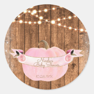 Roze Glitter Pompoen Herfst Roestig Houten Lichtje Ronde Sticker