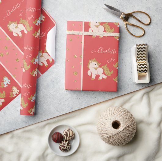 Roze Glitter Ponies met voornaam Little Girl Cadeaupapier (Crafts)