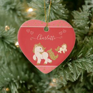 Roze Glitter Ponies w Name Little Girl Kerstmis Keramisch Ornament