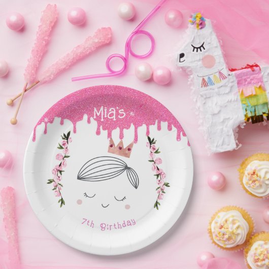 roze glitter prinses meisjes verjaardag papieren bordje (Feest)