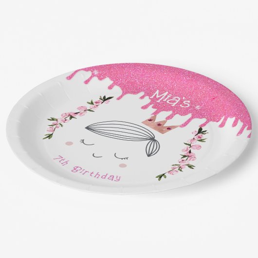roze glitter prinses meisjes verjaardag papieren bordje (Gekanteld)