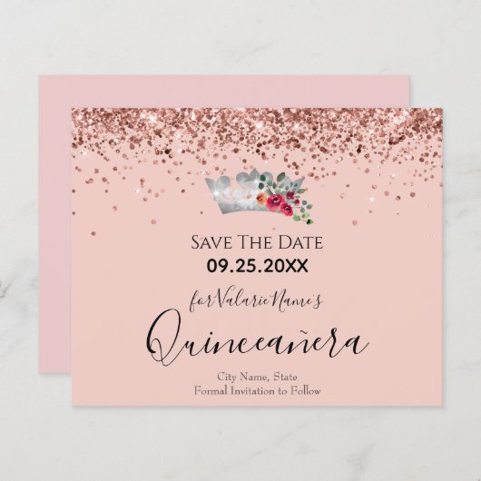 roze glitter Quinceanera sparen de Datum (Voorkant / Achterkant)