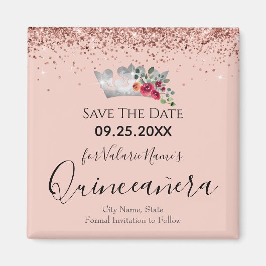  roze glitter Quinceanera sparen de Datum Magneet (Voorkant)
