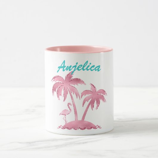 Roze Glitter Retro Flamingo en Palmbomen Mok (Midden)