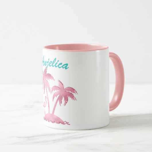 Roze Glitter Retro Flamingo en Palmbomen Mok (Voorkant rechts)
