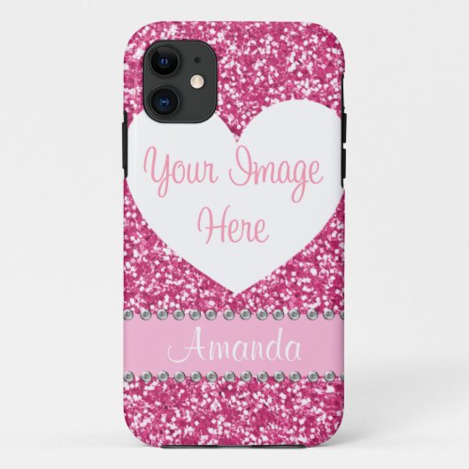 Roze Glitter Rhinestone Heart Foto iPhone Case (Achterkant)