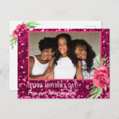 Roze glitter roos fotodochters Moederdag Briefkaart (Voorkant / Achterkant)