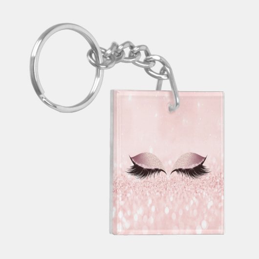 Roze Glitter Roos Meisjesachtige Make-up Wimpers N Sleutelhanger (Voorkant Links)