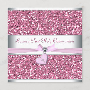 Roze Glitter Roze Kruis Eerste Communie Kaart