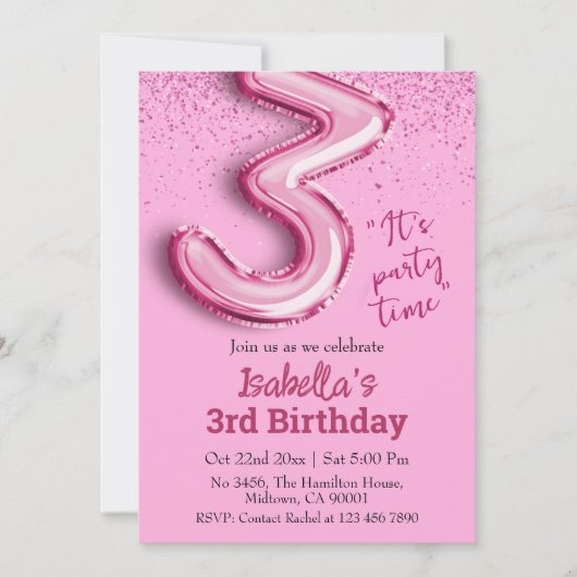 Roze glitter schattige ballon no.3 girly 3e verjaa kaart (Voorkant)