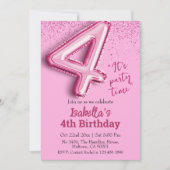 Roze glitter schattige ballon no.4 girly 4e verjaa kaart (Voorkant)