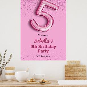 Roze glitter schattige ballon no.5 girly 5e verjaa poster