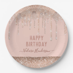 Roze glitter schrijft Happy Birthday Napkins Papieren Bordje